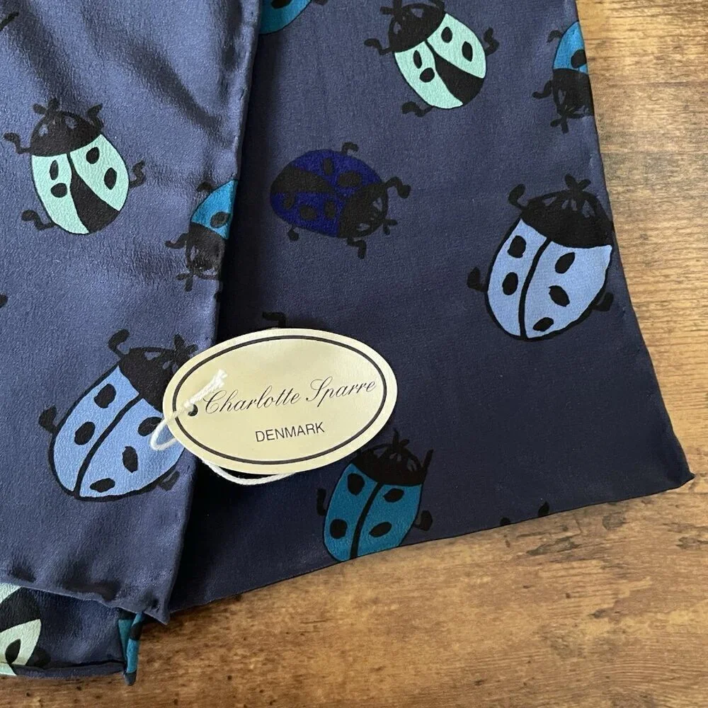 Vintage Charlotte Sparre Denmark Womens Scarf Navy Blue Silk Ladybug Print 63x13